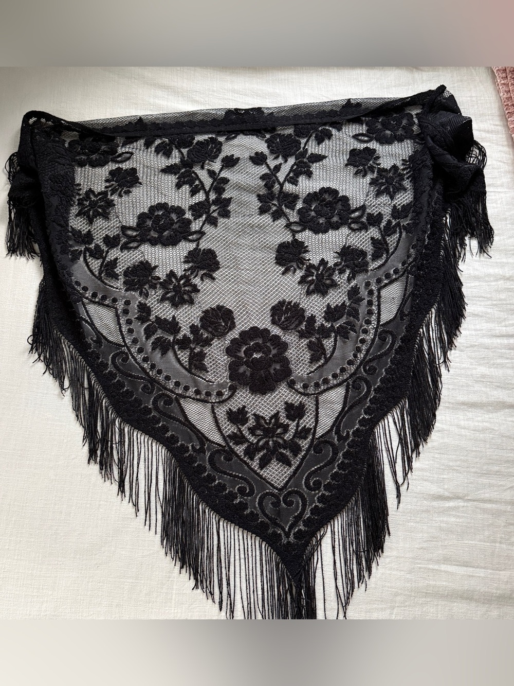 Vintage Black Floral Lace Fringe Triangle Scarf Shawl Boho Wrap Victorian
